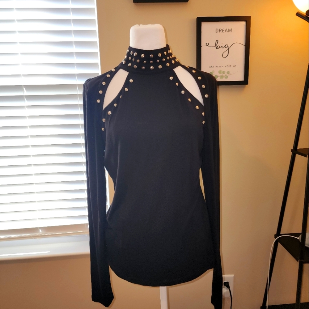 INC Black Silver beaded mock kneck